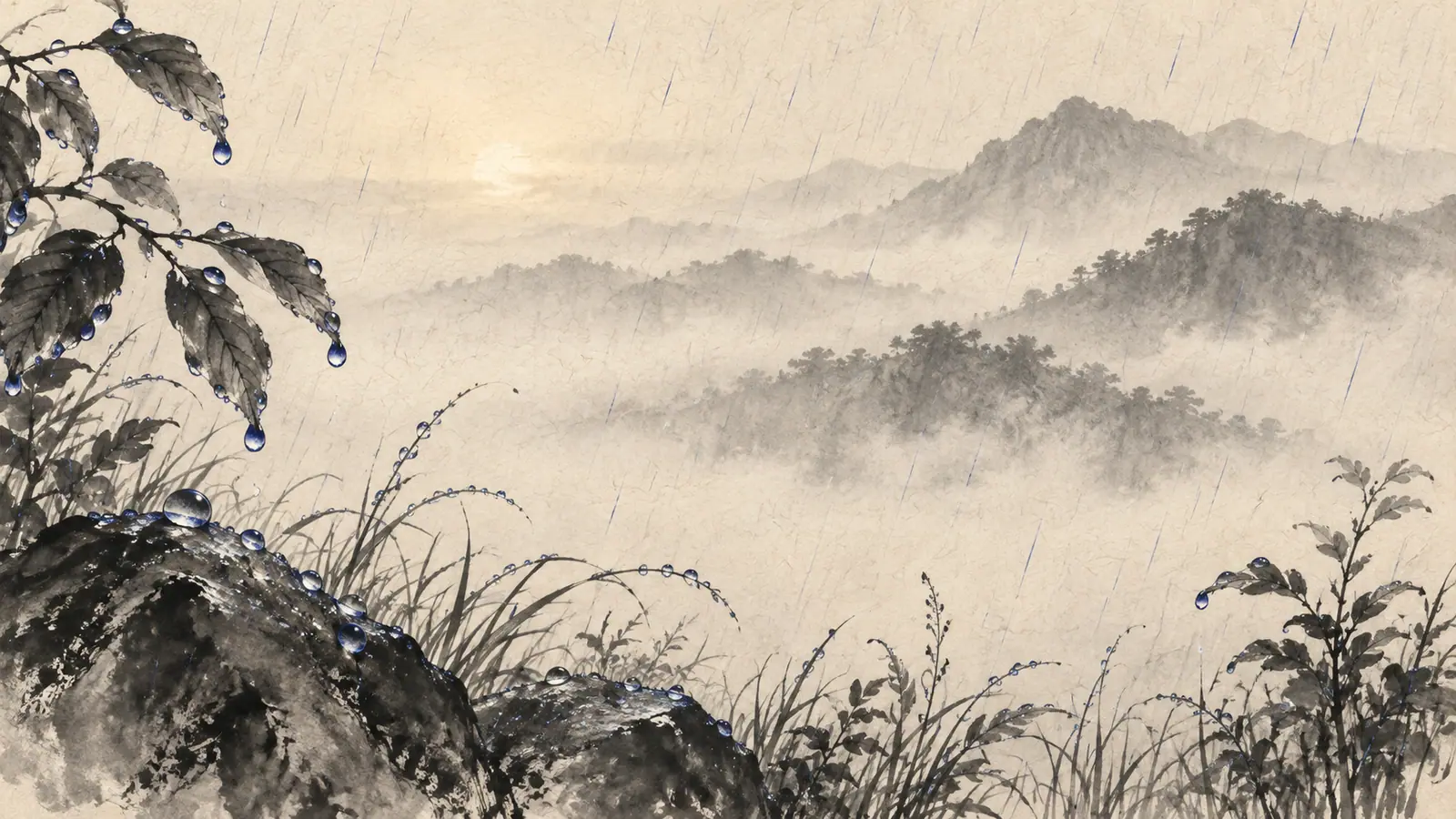 계 일간을 상징하는 수묵담채 그림. 새벽 산을 배경으로 한 이슬 맺힌 가는 비