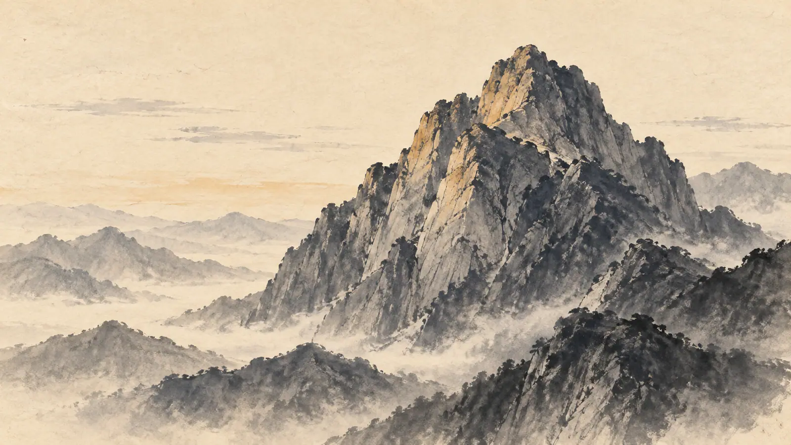 무 일간을 상징하는 수묵담채 그림. 새벽 산을 배경으로 한 우뚝한 산