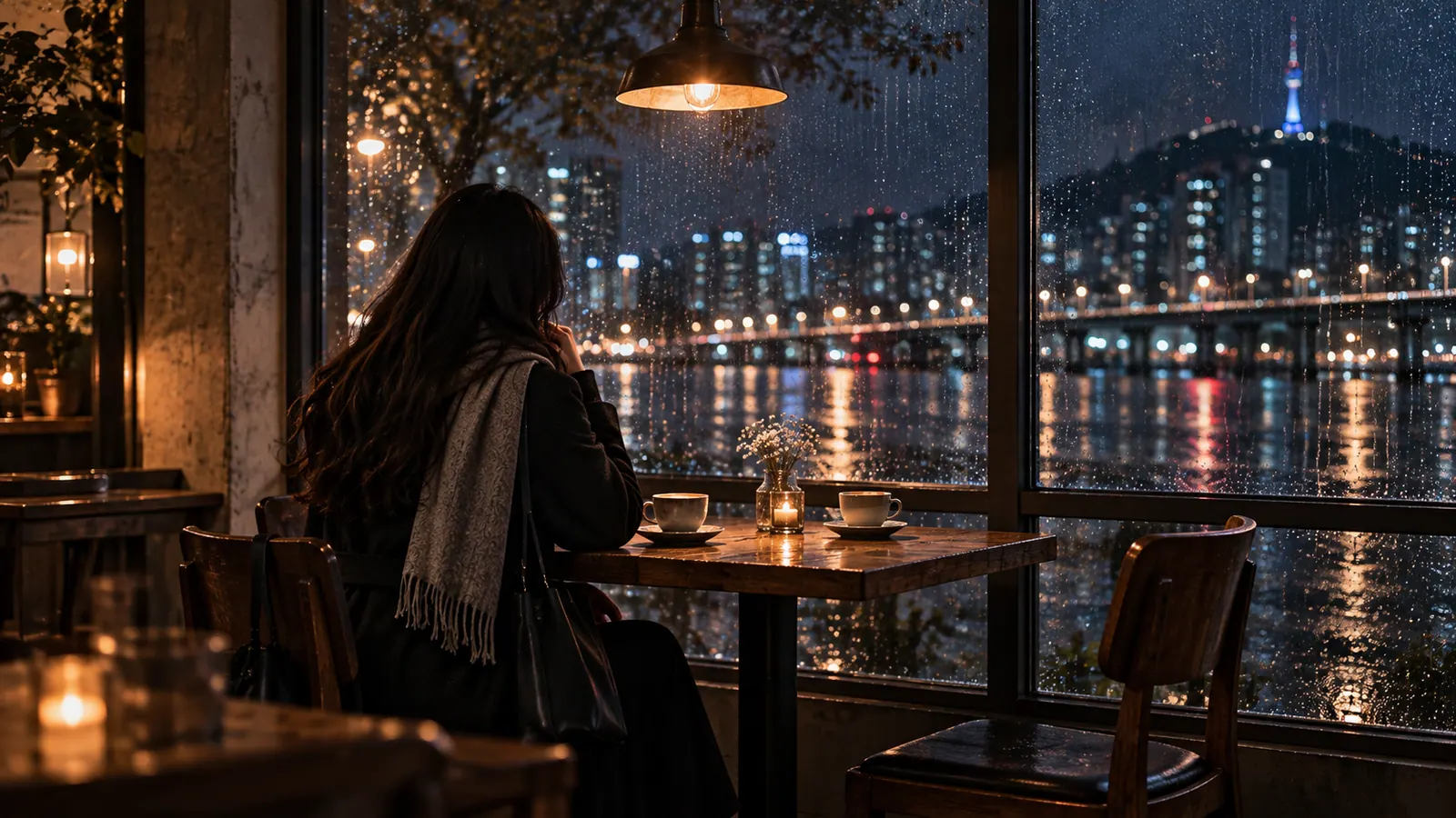비 내리는 밤 카페 창가에서 빈 맞은편 의자를 두고 혼자 앉아 있는 여성의 뒷모습