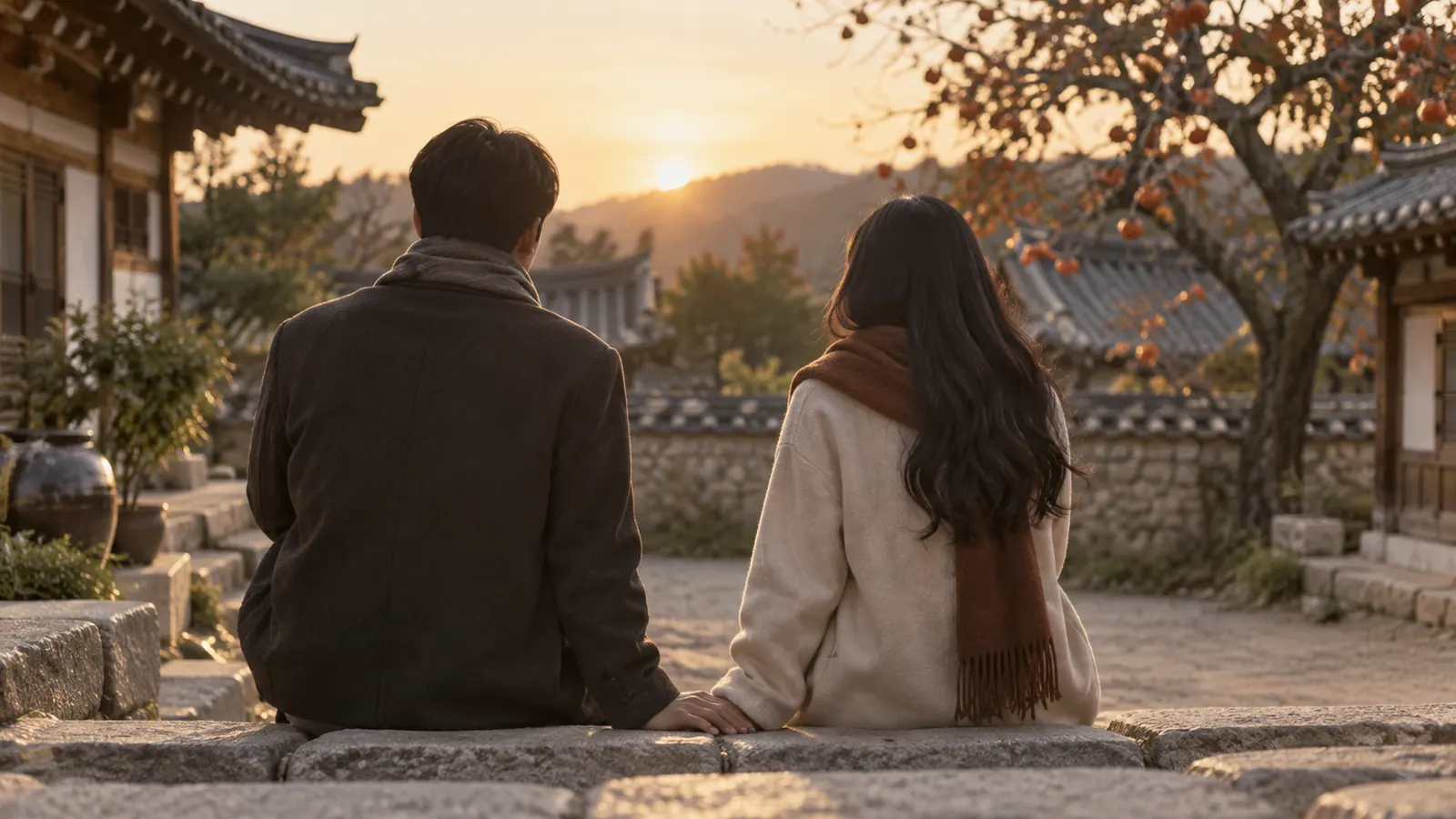 늦은 오후 한옥 마당 돌계단에 나란히 앉은 두 사람의 뒷모습