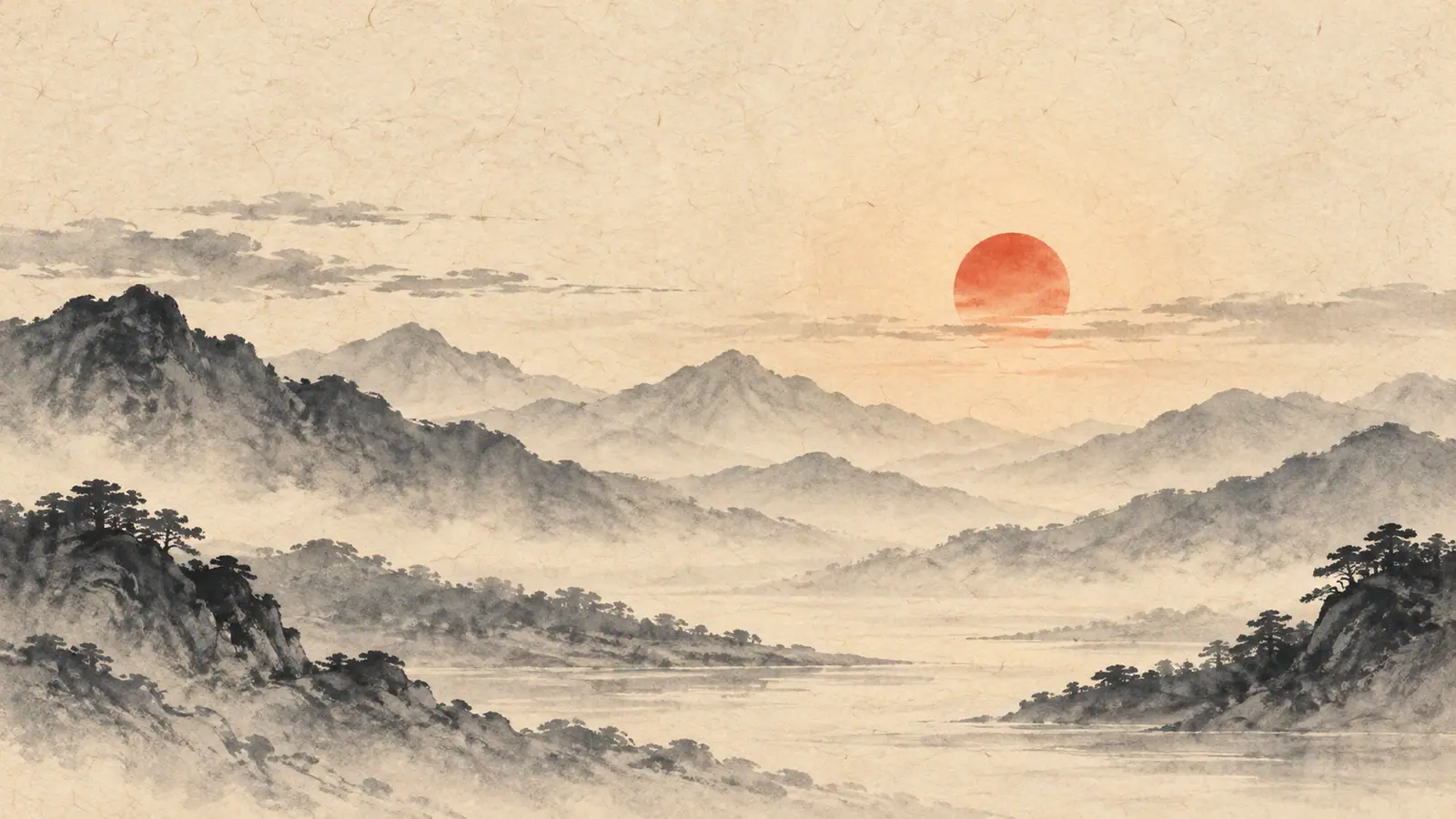 병 일간을 상징하는 수묵담채 그림. 새벽 산을 배경으로 한 크게 빛나는 해