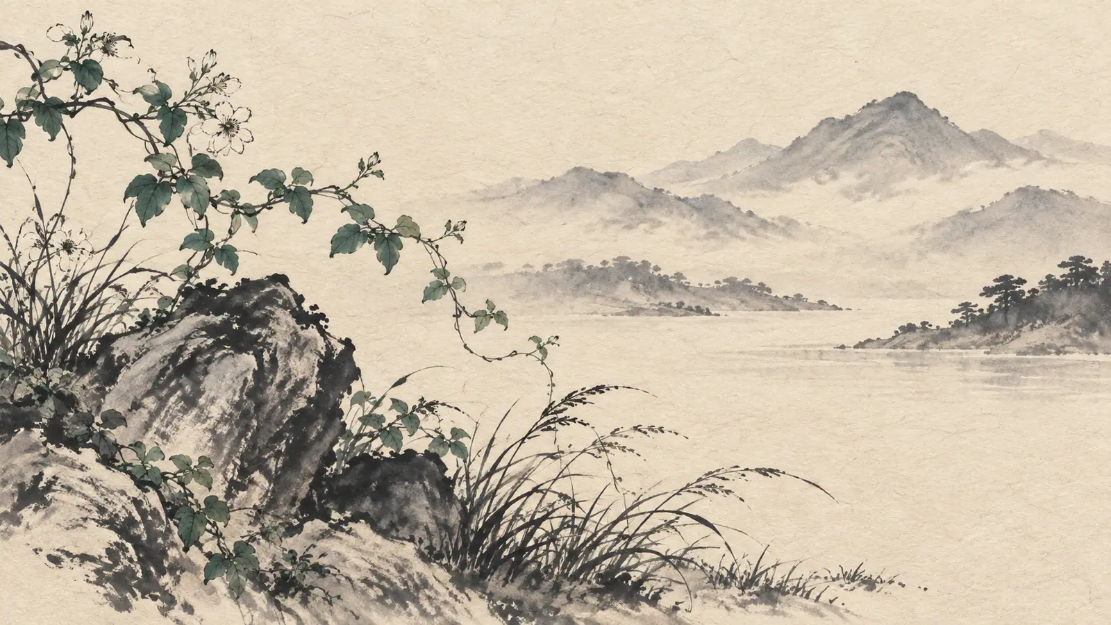 을 일간을 상징하는 수묵담채 그림. 새벽 산을 배경으로 한 바위를 감싼 꽃덩굴