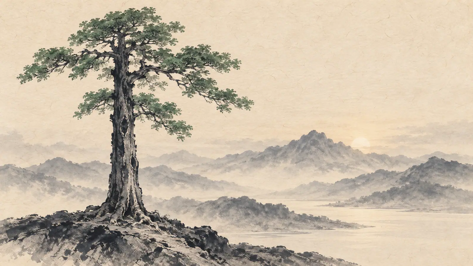 갑 일간을 상징하는 수묵담채 그림. 새벽 산을 배경으로 한 곧게 선 큰 나무