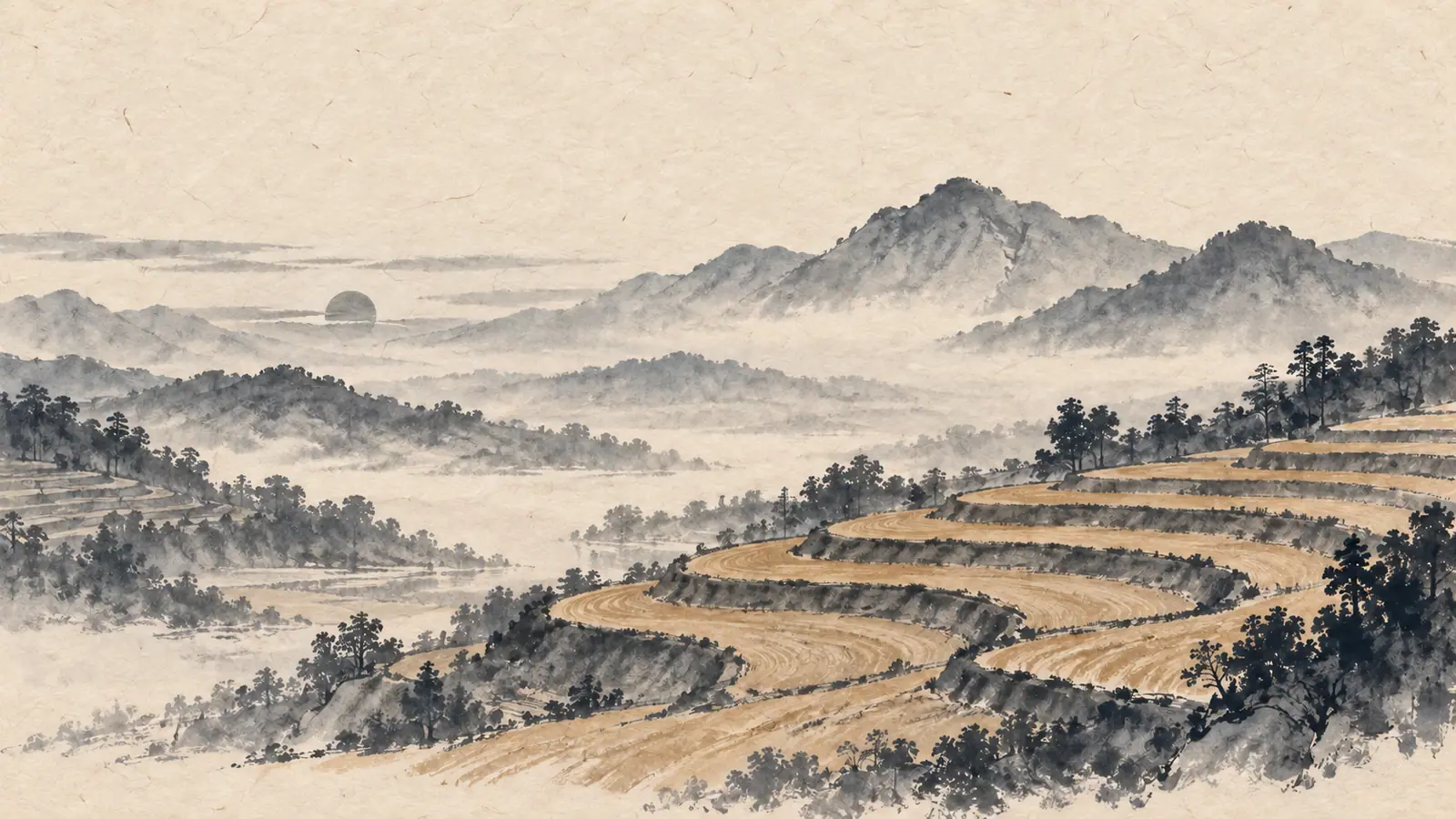 기 일간을 상징하는 수묵담채 그림. 새벽 산을 배경으로 한 층층이 일군 밭