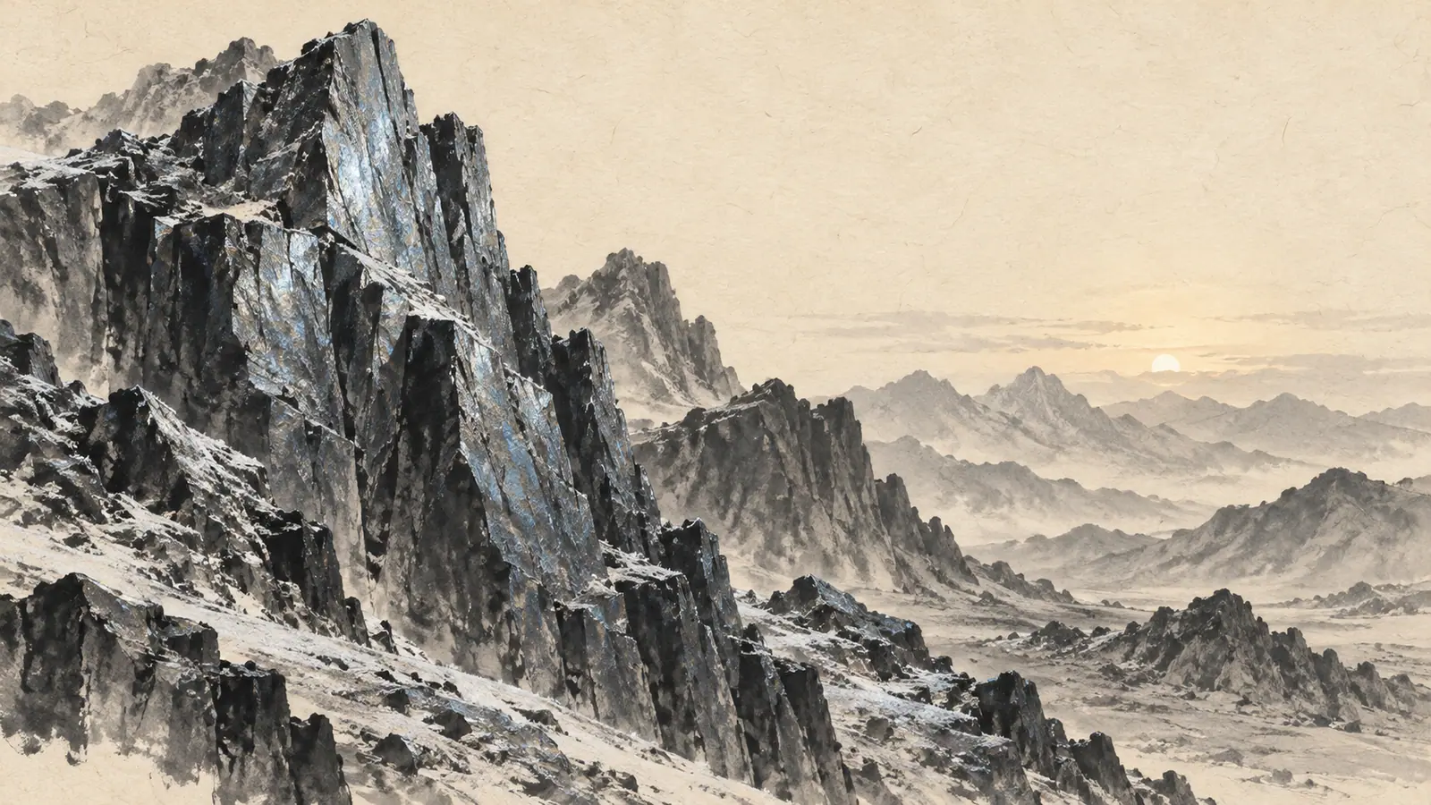 경 일간을 상징하는 수묵담채 그림. 새벽 산을 배경으로 한 서리 내린 쇠 원석 절벽