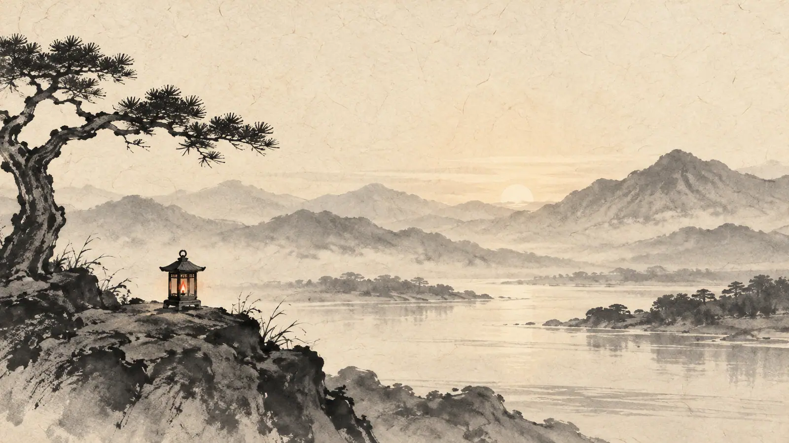 정 일간을 상징하는 수묵담채 그림. 새벽 산을 배경으로 한 작은 등불