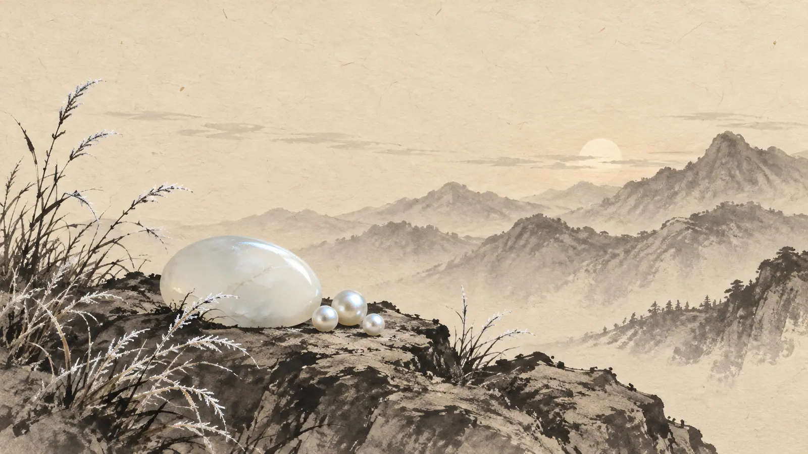 신 일간을 상징하는 수묵담채 그림. 새벽 산을 배경으로 한 바위 위에서 빛나는 흰 옥돌과 진주