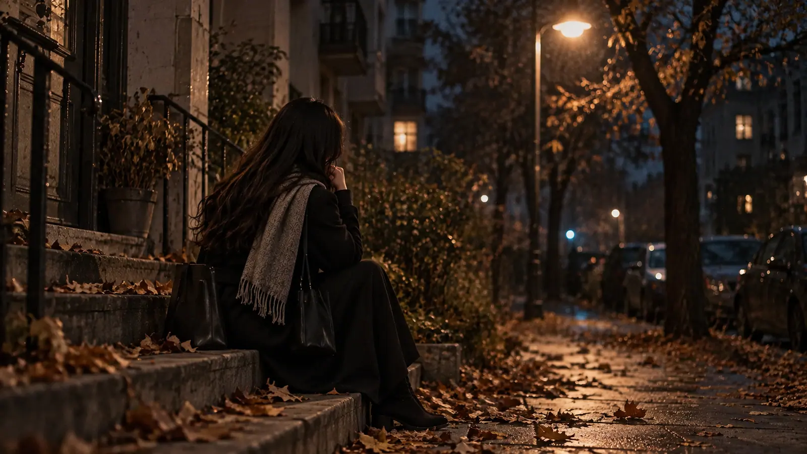 연락 차단 3개월 차, 상대방의 무의식 속에서 일어나는 3단계 심리 변화 늦가을 밤 아파트 현관 계단에 가로등 하나를 두고 앉아 있는 여성과 발치의 낙엽