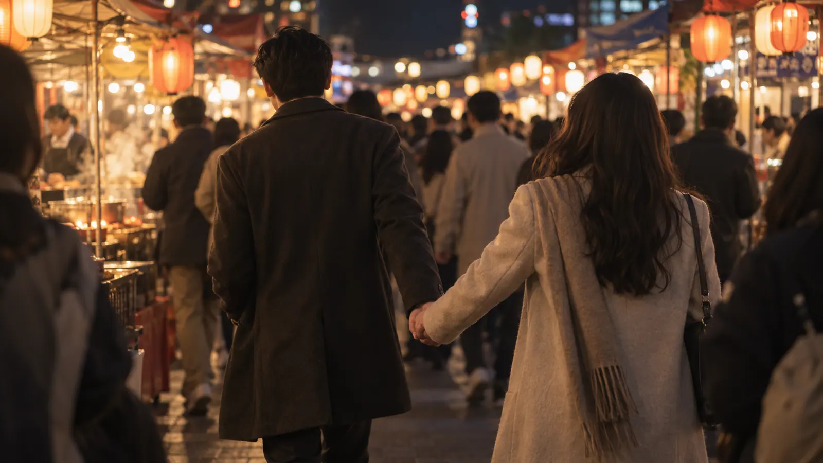을경합(乙庚合) 인연: 왜 한쪽이 일방적으로 끌려다니며 집착하게 될까? 따뜻한 등불이 켜진 밤 시장에서 남자가 여자의 손을 이끌고 앞서 걷는 뒷모습