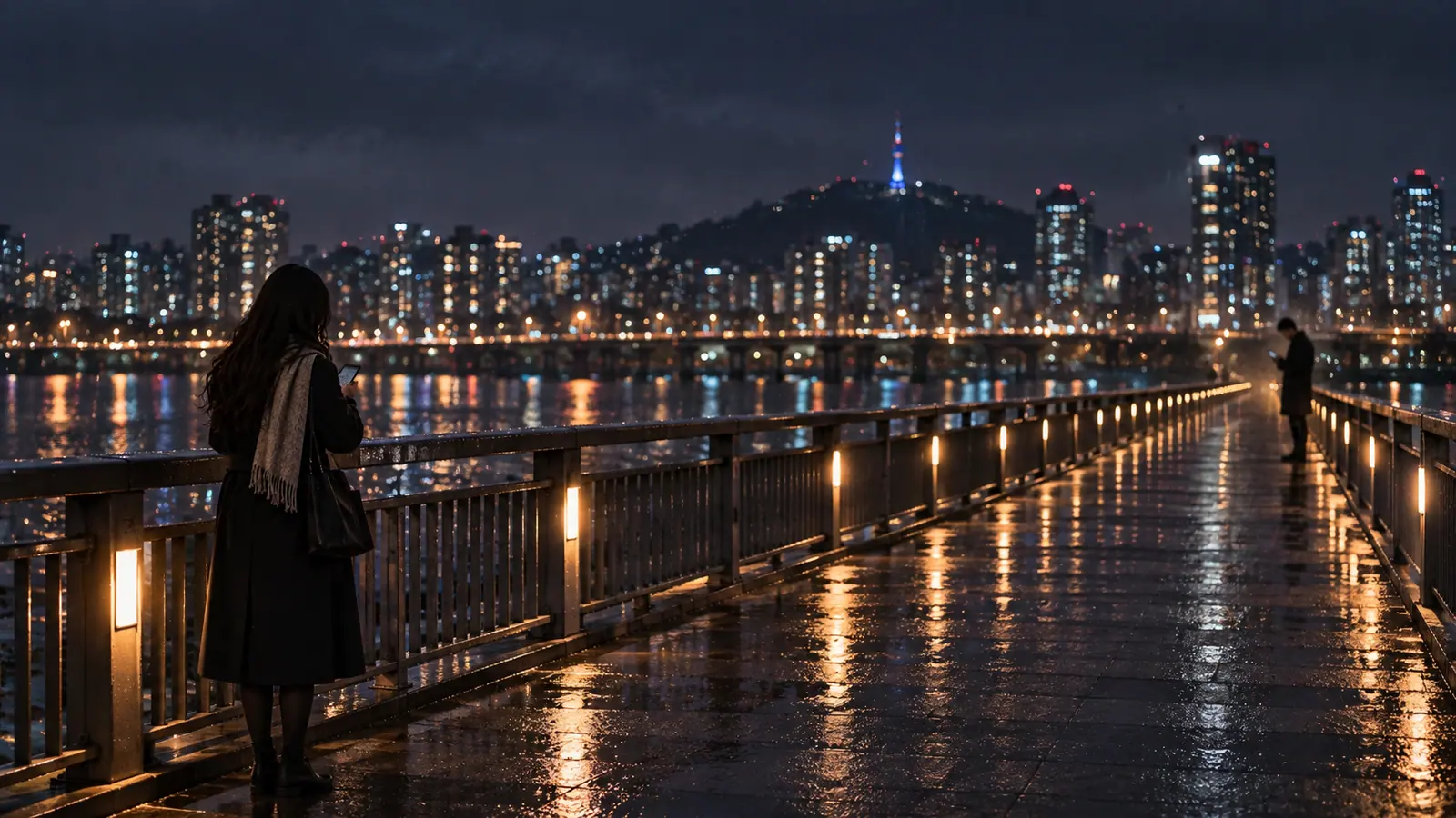 서로 못 잊었으면서 아무도 먼저 연락하지 않는 사주의 자존심 역학 밤 보행교의 양 끝에 멀리 떨어져 서서 각자 휴대폰을 보는 두 사람