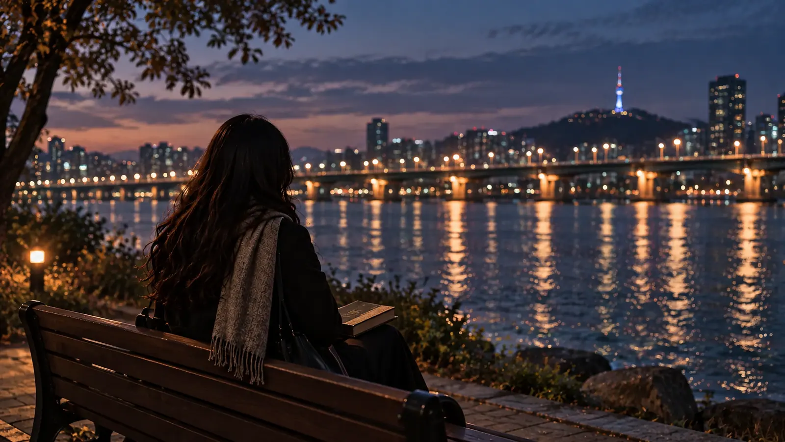 재회 사주 정확도의 진실: 타로와 사주가 보는 것은 다르다 푸른 저녁 한강변 벤치에 오래된 책을 무릎에 두고 앉은 여성의 뒷모습