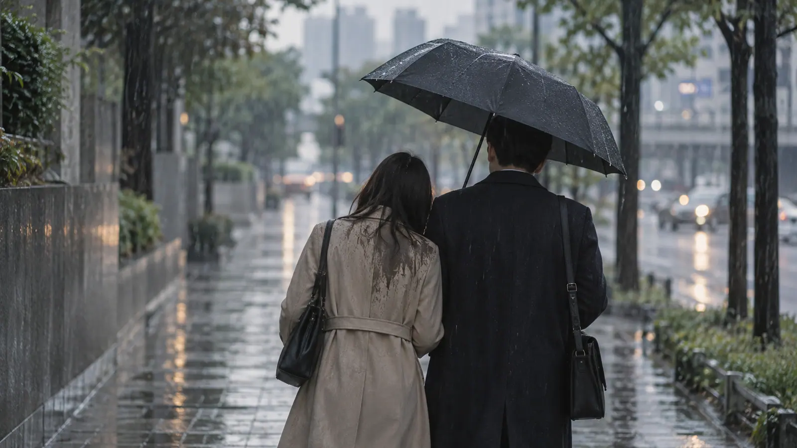 만날수록 내 운기를 갉아먹는 악연 사주의 3대 특징과 안전 이별법 빗속에서 한쪽으로 기운 우산 하나를 함께 쓰고 걸어가는 두 사람의 뒷모습과 젖은 어깨
