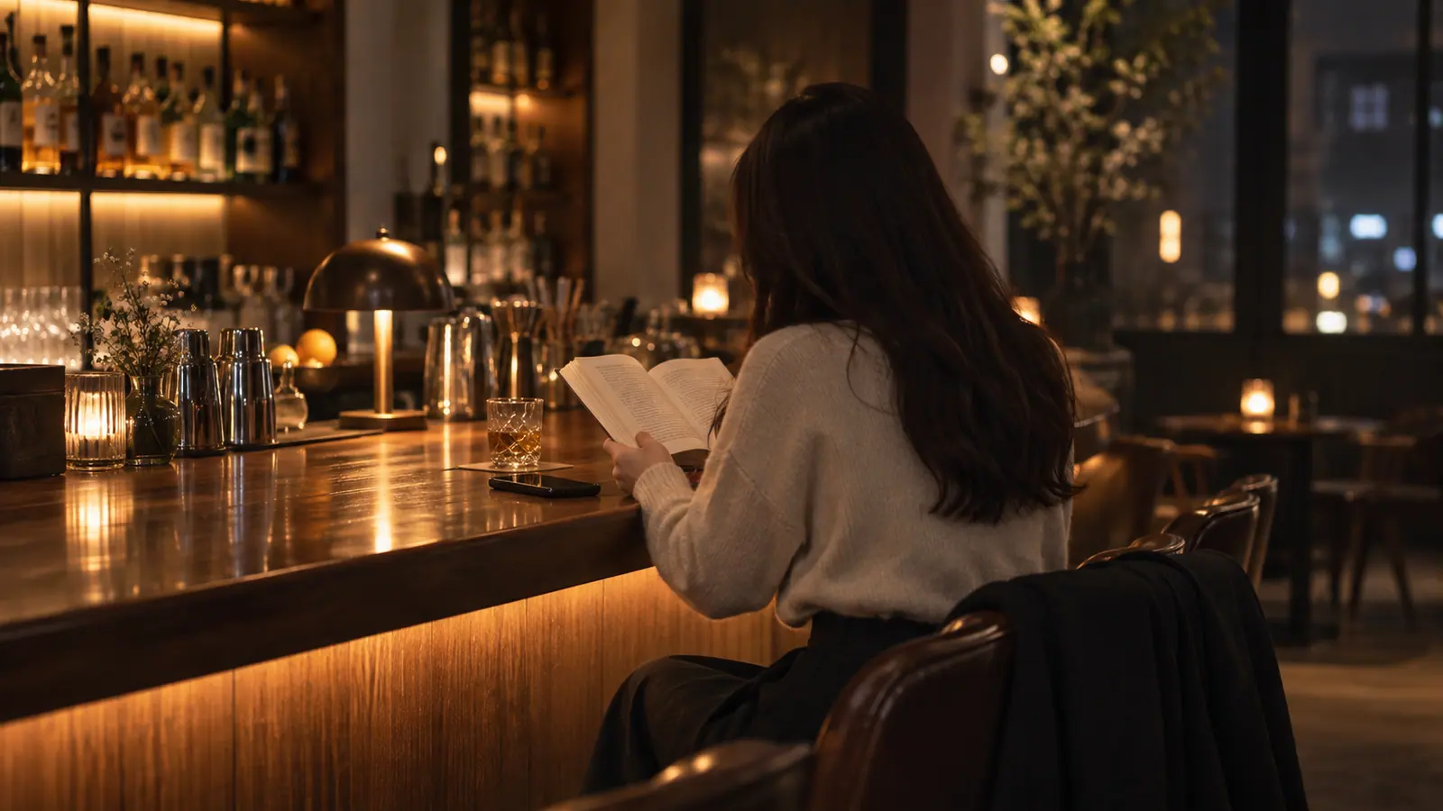 연락에 집착하지 않는데 남자가 먼저 안달 나는 여자의 사주적 특징 따뜻한 조명의 바 카운터에서 휴대폰을 엎어 두고 책을 읽는 여성의 뒷모습