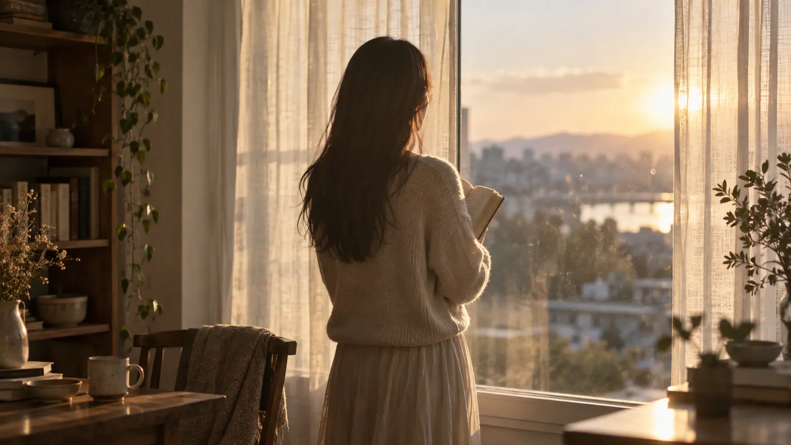 남자가 절대로 잊지 못하고 평생 그리워하는 여자의 사주 원국 3대 비밀 늦은 오후 햇빛이 드는 창가에서 책을 품에 안고 선 여성의 뒷모습